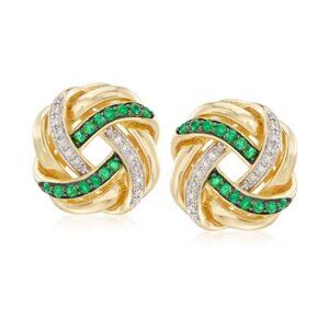 14K Gold 2ct Green Emerald Gemstone 1ct Diamond Twisted Knot Earrings Jewelry